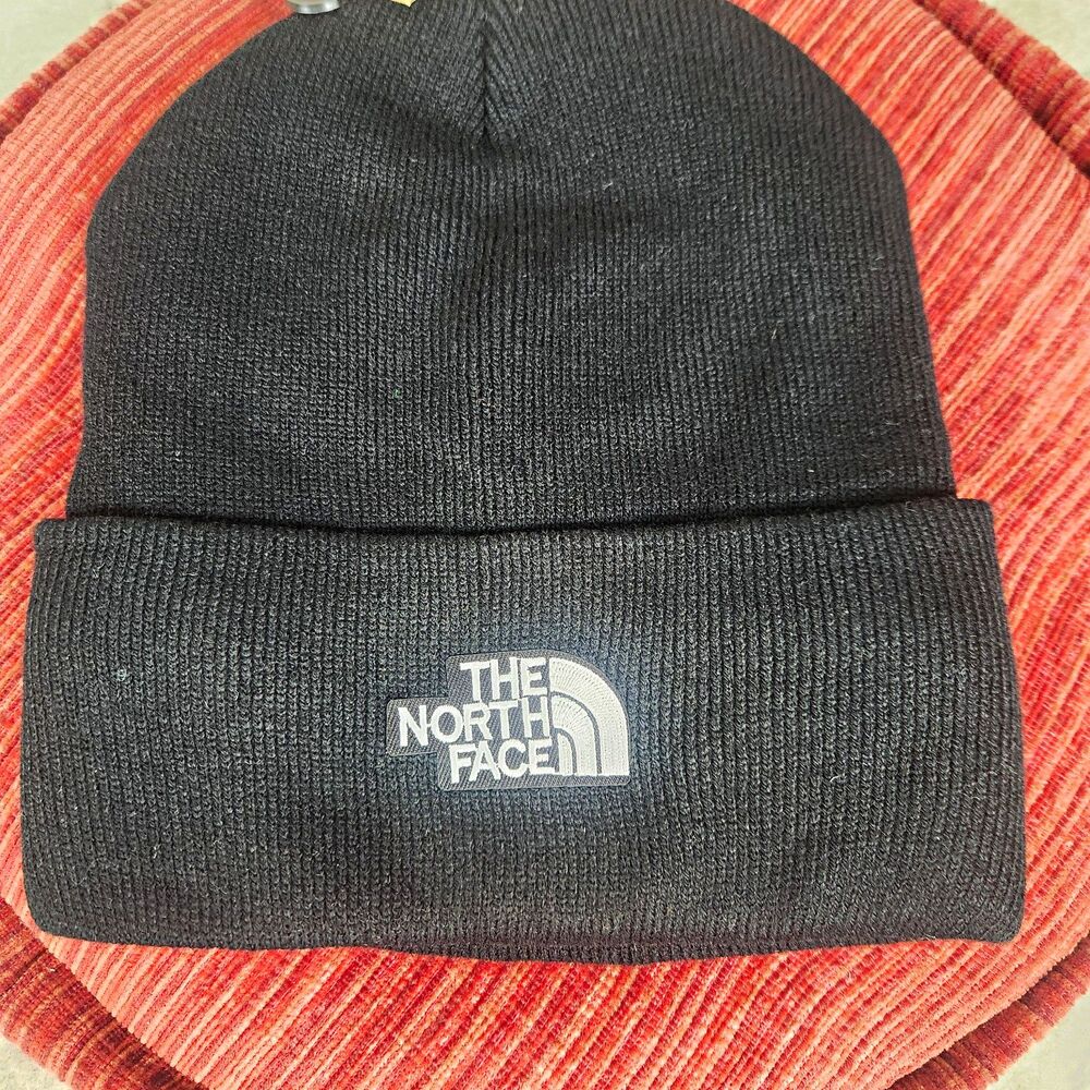 The North Face Black Knit Beanie Hat Faux Fur Lined Logo One Size